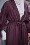 Women's Ribbon Stone Detail Waist Tie Ruffled Sleeves Tulle Long Abaya Plum - 5