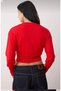 Women's Red Crew Neck Combined Blouse-Cardigan Knitwear Sweater - 4