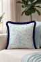 Blue Leafy Botanical Fringed Pillowcase - Tropical Floral Cream Navy Blue Tassel Throw Pillow Cover - 2