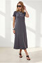 Women's Anthracite Crew Neck Pocketed Modal Buttoned Flowy Dress Elb-19002666 - 5