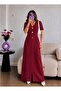 Burgundy Gold Buttoned Slit V-Neck Long Dress - 5