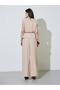 Beige Cowl Neck Tie-Cord Belt Blouse And Pants Co-Ord Set - 5