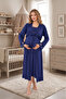 New Season Navy Blue Wide Strap Design with Easy Breastfeeding Feature, Lace Detail, 100% Cotton Maternity Nightgown Set - 3