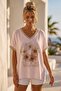 Italian Pink V-Neck Low Sleeve Polka Dot Thin Rhinestone Floral Printed Casual Viscose Woven Blouse 70 60