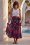 Navy Blue Tie-Waist Allover Printed Casual Cotton Long Wrap Woven Skirt 102 70