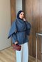 Women's Detachable Cape Detailed Double Striped Waist Tie Shirt Navy Blue - 5