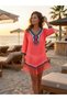 Italian Tasseled Knitted Detailed Bohemian Pareo Tunic Beach Dress Coral Pink - 2