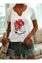 Women's Printed Half V-Neck Sleeves Regular Fit Casual T-Shirt