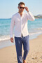 White 97% Cotton Muslin Fabric Breathable Summer High Collar Relaxed Fit Men's Shirt 2602620 - 2