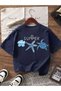 Girl's Back and Front Summer Printed Crew Neck Navy Blue T-Shirt - 2