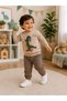 Boys Dinosaur Printed Tracksuit Set Beige Long Sleeve Sweatshirt Brown Striped Jogger Pants Cotton Casual Sport 2 Piece Set - 3