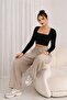 Women's Beige Muslin Wide-Legged Trousers with Pockets, Elastic Waist, Lace-Up, Comfortable Fit Pants - 2