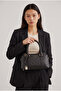 Women's Monogram Black Leather Lock Charm Detailed Shoulder and Crossbody Bag Elena - 2