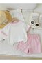 Girl's Dog Printed Pink Ribbed White T-Shirt - Striped Pink-White Shorts Set - 3