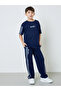 Boys Navy Blue Graphic Print Oversized T-Shirt and Striped Joggers Set