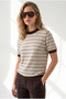 Women's Beige Brown Stripe Openwork Color Detailed Knitwear Blouse Blz-19003437 - 2