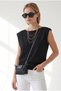 Women's Black Boat Neck Belted Seasonal Cotton-Blend Blouse Blz-19003388 - 2