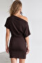 Women's Coffee Color Low Shoulder Dress with Tie Waist Detail Alc-X15589 - 7