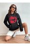 Women's Black Lip Print Hooded Hoodie Sweatshirt - 5