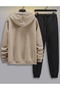 Men's Beige Exphome Printed 3 Thread Hooded Sweat Jogger Set - 2