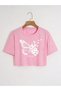 Women's Pink Butterfly Printed Oversize Crop T-Shirt