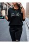 Women's Black Smile Printed Crew Neck Oversize Sweatshirt - 4