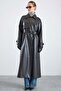 Epaulet and Cape Detailed Snap Closure Long Leather Trench Coat Black 6877 - 6