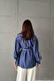 Women's Navy Blue Modal Shirt with Belt, Buttoned Balloon Sleeves, Cuffed Long Sleeves - 5