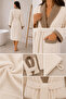 Eldy Contrast Women's Bathrobe Set 3 Pieces, 100% Cotton Certified Shawl Collar Striped Bathrobe Set - Cream - 4