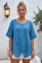 Indigo Pool Collar Short Sleeve Pocketed Embroidered Casual Cotton Asymmetrical Woven Blouse 70 65 - 3