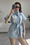 Embroidered Front with Belt Long Light Blue Denim Vest - 6