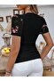 Women's Short Sleeve Floral Embroidery V Neck Viscose Blouse - 3