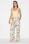 Women's Cream Green Ocean Breeze Pattern Studded Scarf Accessory Elastic Waist Linen Trousers 5067 60286440 - 2