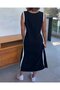 Women's Strappy V-Neck Double Color Striped Front Slit Long Viscose Dress - 3