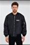 Unisex Long Sleeve Printed Bomber Jacket - Black - 3