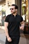 Men's Line Patterned Zipper Collar Short Sleeve T-Shirt