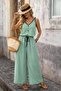 Women's Green V-Neck Strap-Bound Waist Decorated Lace-Up Jumpsuit - 2