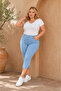 Women's Plus Size Light Blue Lycra Stone Detailed Tencel Denim Capri Bermuda Trousers - 4