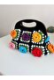 Hand Knitted Flower Motif Women's Handbag with Wooden Handle - 3