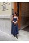 Women's Dark Indigo Strapless Corset Detailed Pleated Denim Dress - 6