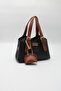Women's Black Tan Crossbody Hand and Shoulder Bag with Front Accessory Detail and Charm Accessory - 3
