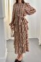 Women's Brown Long Flounce Belted Balloon Sleeve Floral Patterned Lined Dress - 5