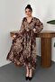 Women's Brown Floral Patterned Glitter Belted V-Neck Long Sleeve Maxi Dress
