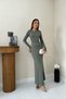 Women's Khaki Long Bodycon Dress Crew Neck Long Sleeve Straight Cut - 2