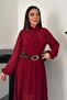 Women's Burgundy Chiffon Maxi Dress High Neck Long Sleeve Ruffled Belted - 3