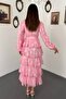 Women's Pink Long Dress with High Collar, Buttoned Belt, Flounces and Floral Texture - 5