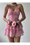 Women's Rose Pattern Pink Mini Dress Thin Straps Rose Pattern Layered Skirt Poplin Evening Dress - 2