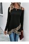 Women's Single O Remote Open Strap Long Sleeve Leopard Detailed Viscose Blouse - 3