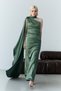Khaki One-Shoulder Asymmetrical Satin Evening Dress with Shawl Detail - 3
