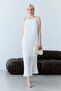 White Halter Neck Pleated Belt Detailed Lined Midi Dress - 6